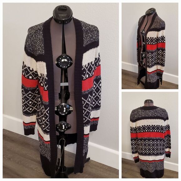 St Johns Bay Cardigan Women's Small Black Red Cream Sweater Coat Heavy Weight - Picture 1 of 6